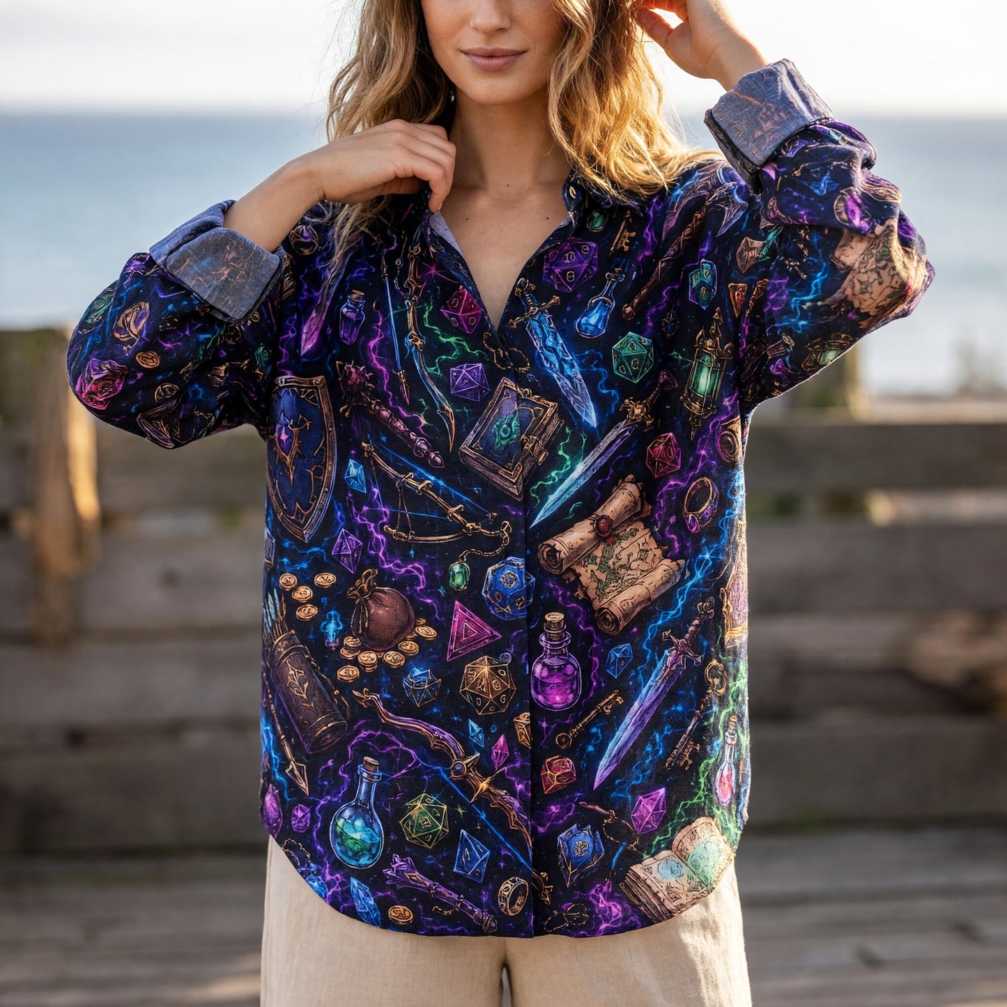 Fantasy Dungeon Linen Shirt - Neon Fantasy Dice RPG Apparel