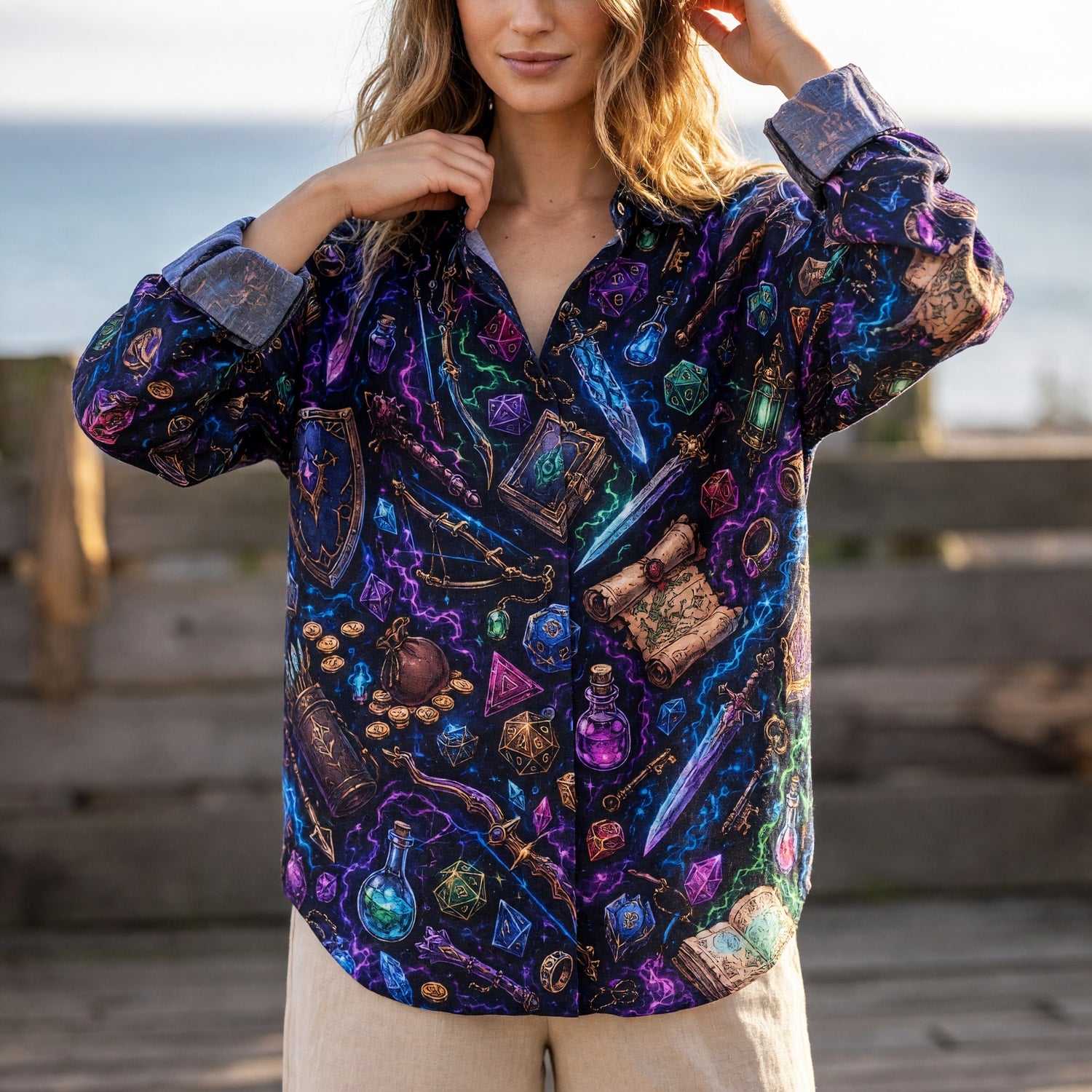 Fantasy Dungeon Linen Shirt - Neon Fantasy Dice RPG Apparel