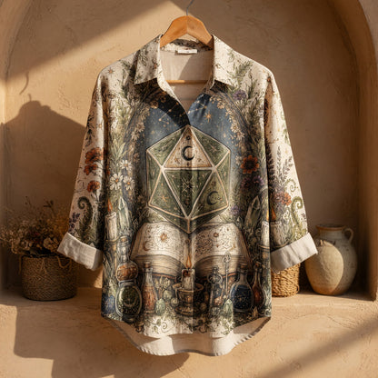 Mystic Celestial D20 Linen Shirt - Witchy Astrology Dice Apparel