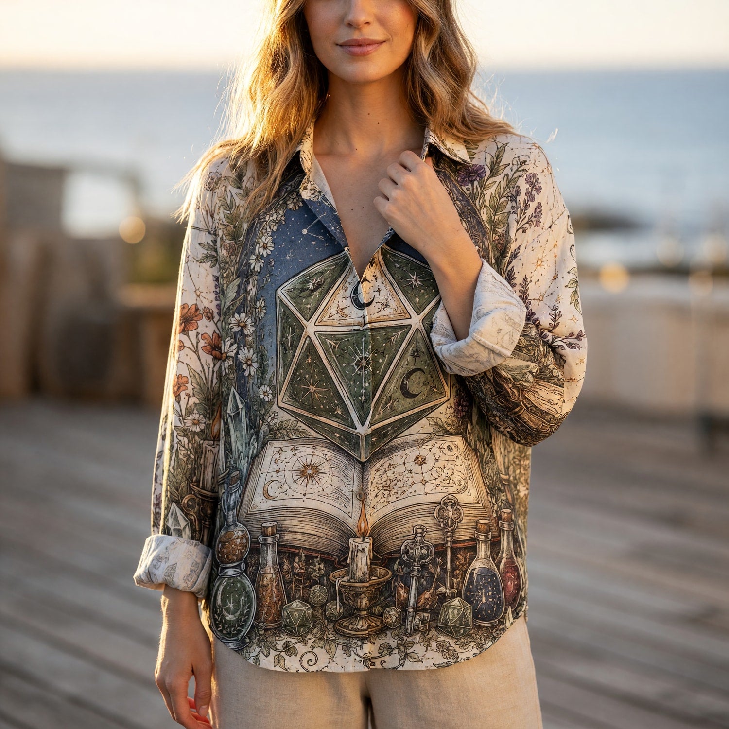 Mystic Celestial D20 Linen Shirt - Witchy Astrology Dice Apparel