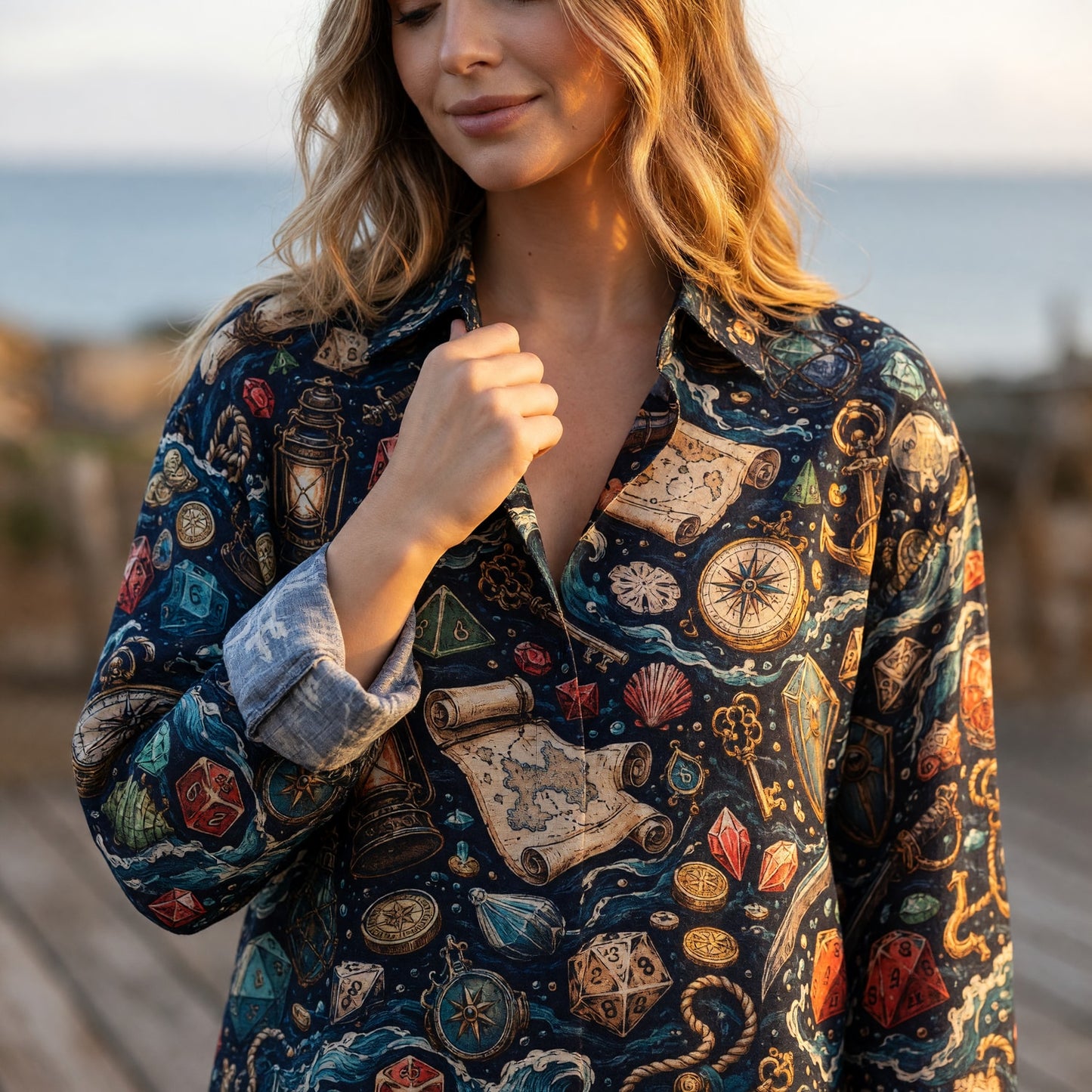 Pirate Dice Linen Shirt - Nautical Fantasy Ocean Pattern