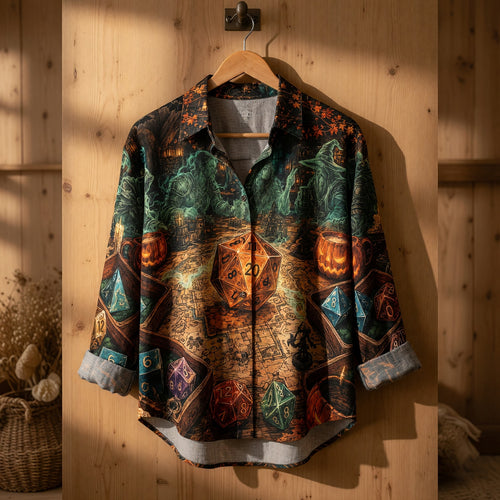 Fantasy Dungeon Halloween Linen Shirt - Spooky Dice Design