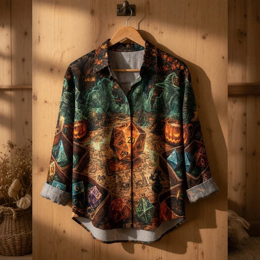 Fantasy Dungeon Halloween Linen Shirt - Spooky Dice Design