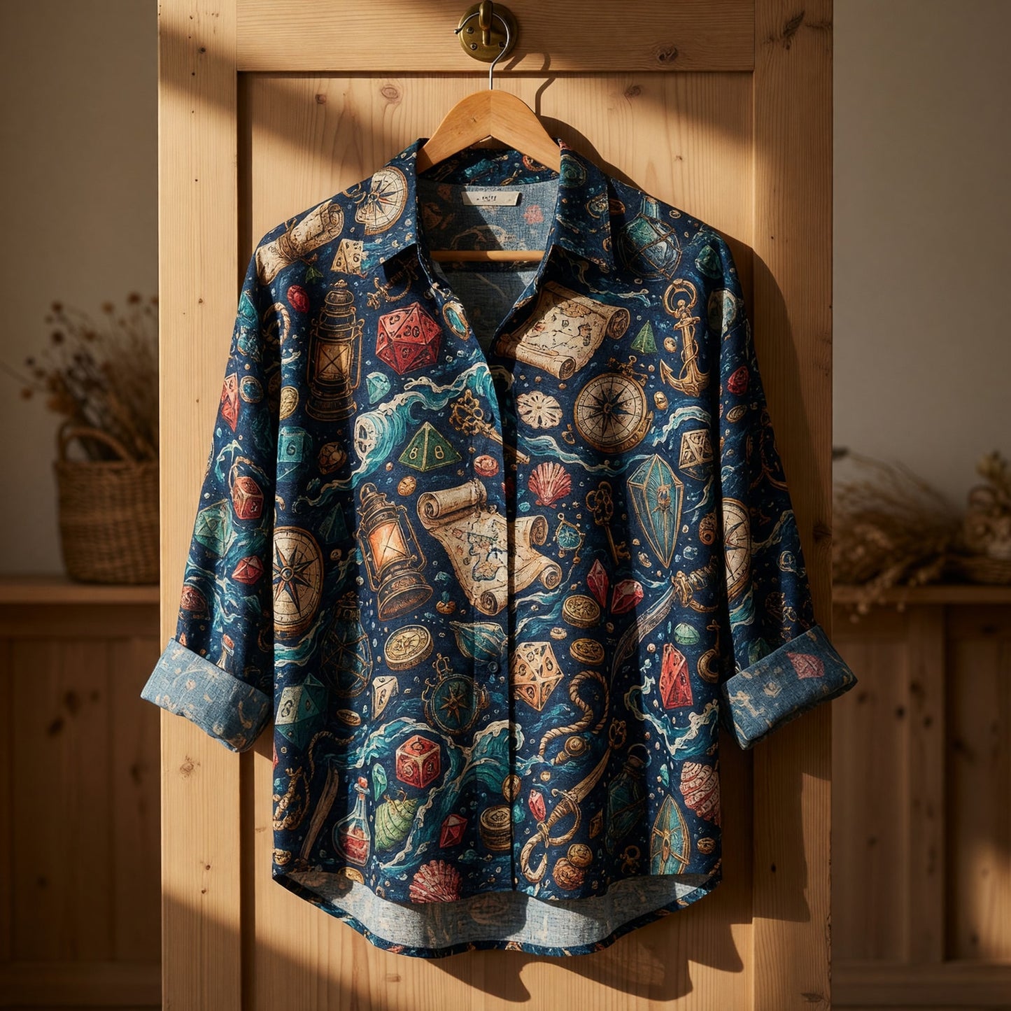 Nautical Pirate Dice Linen Shirt - Fantasy RPG Adventure Pattern