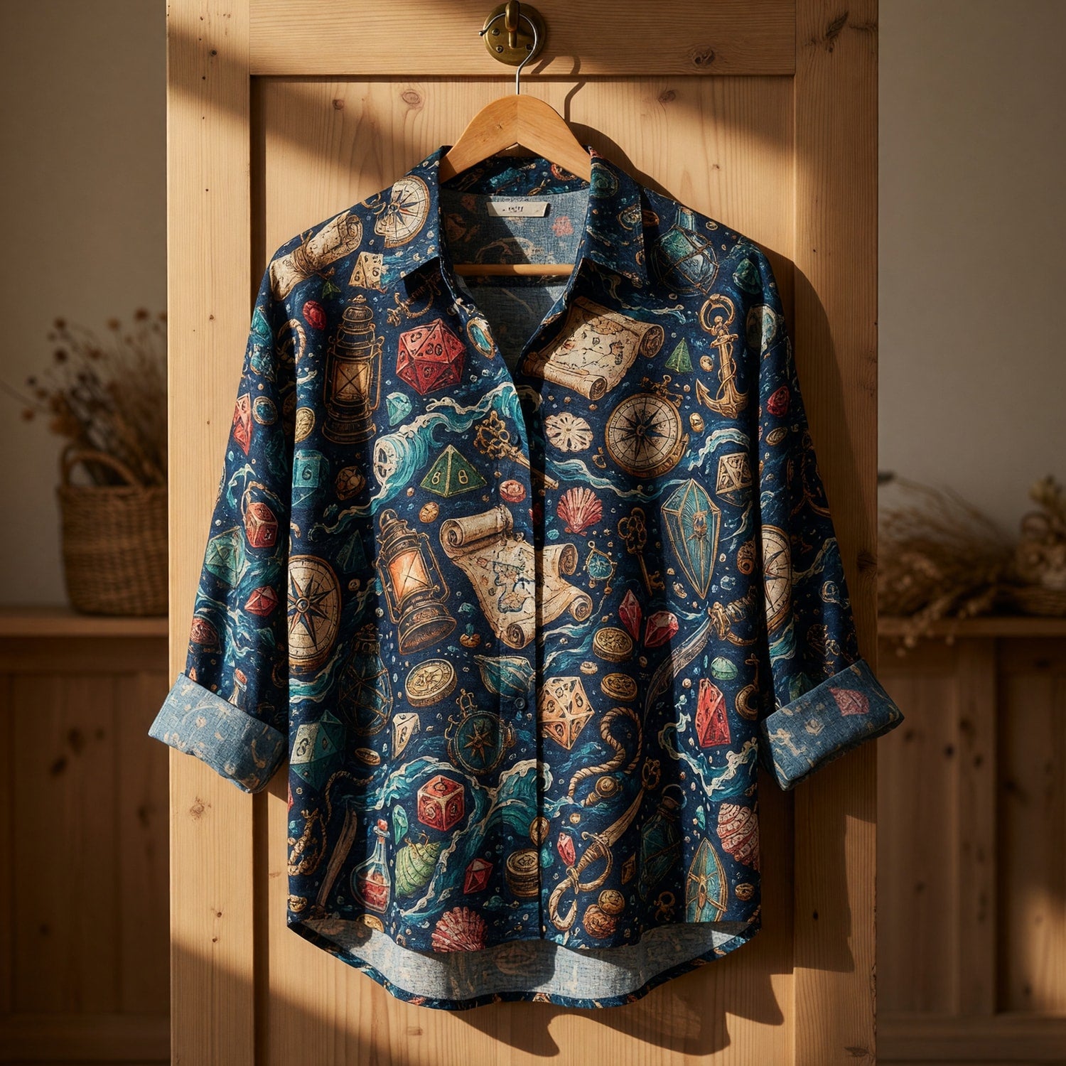 Nautical Pirate Dice Linen Shirt - Fantasy RPG Adventure Pattern