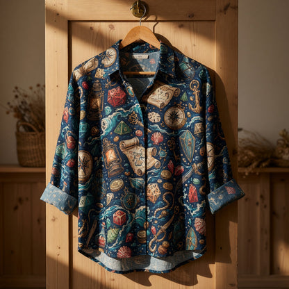Nautical Pirate Dice Linen Shirt - Fantasy RPG Adventure Pattern