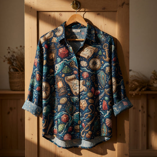 Nautical Pirate Dice Linen Shirt - Fantasy RPG Adventure Pattern