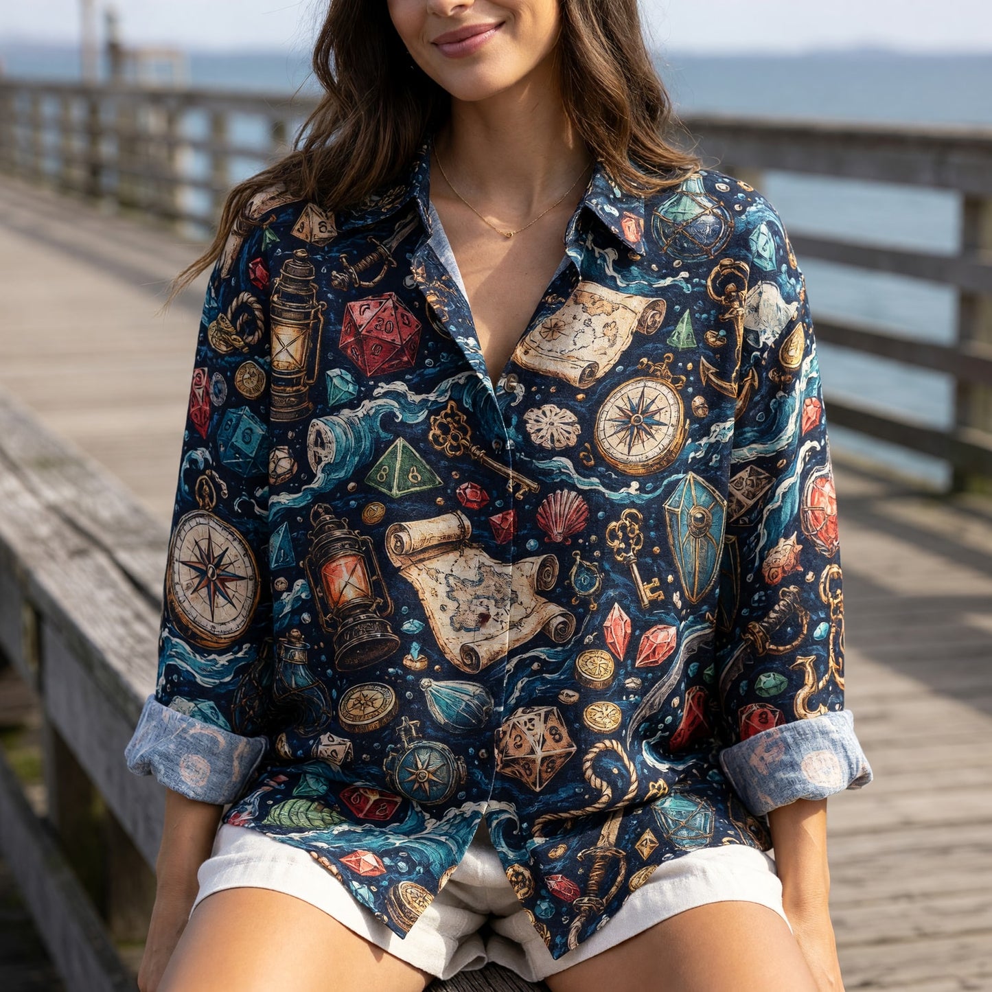Nautical Pirate Dice Linen Shirt - Fantasy RPG Adventure Pattern