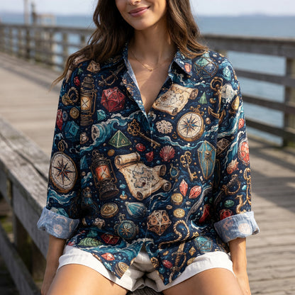Nautical Pirate Dice Linen Shirt - Fantasy RPG Adventure Pattern