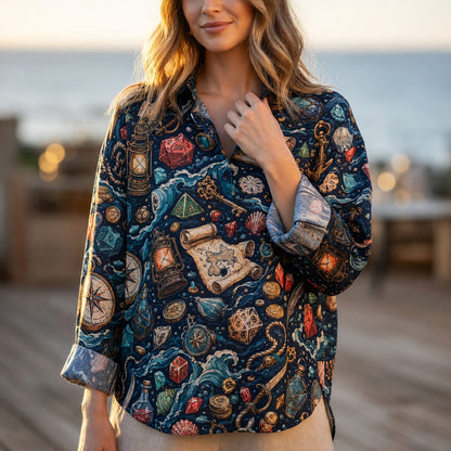 Nautical Pirate Dice Linen Shirt - Fantasy RPG Adventure Pattern