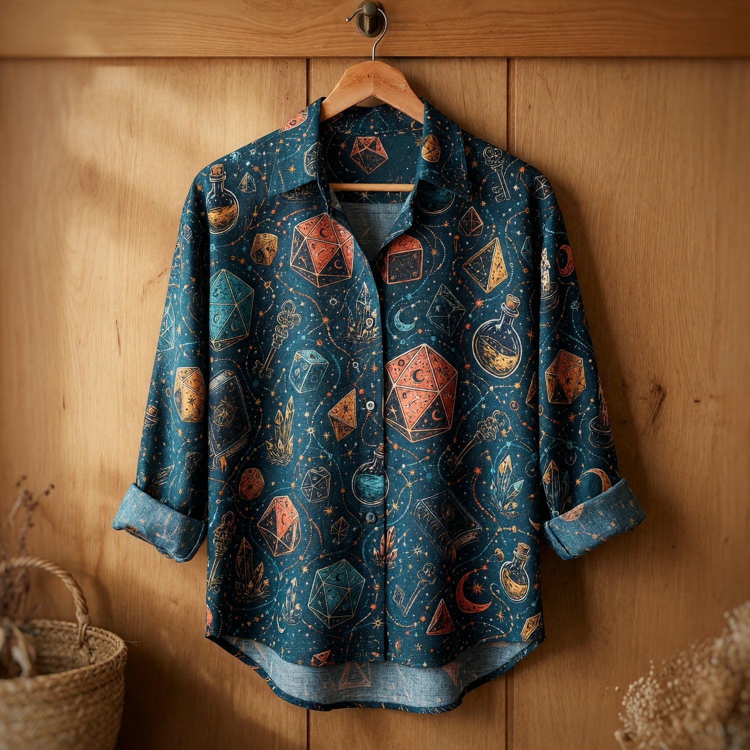 Mystic Dice Linen Shirt - Fantasy Wizard Celestial Pattern