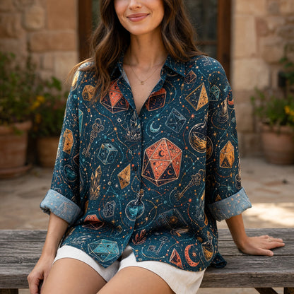 Mystic Dice Linen Shirt - Fantasy Wizard Celestial Pattern