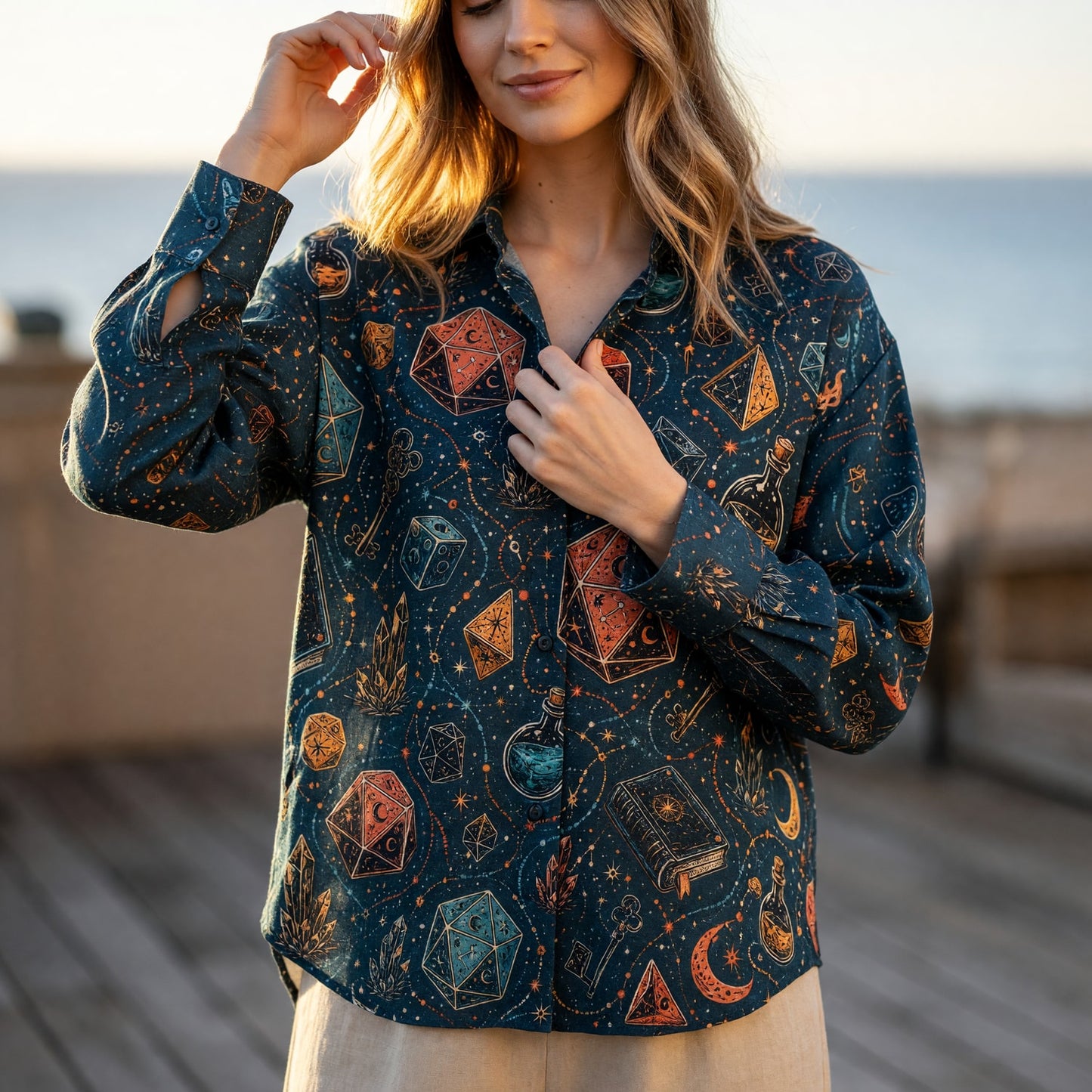 Mystic Dice Linen Shirt - Fantasy Wizard Celestial Pattern
