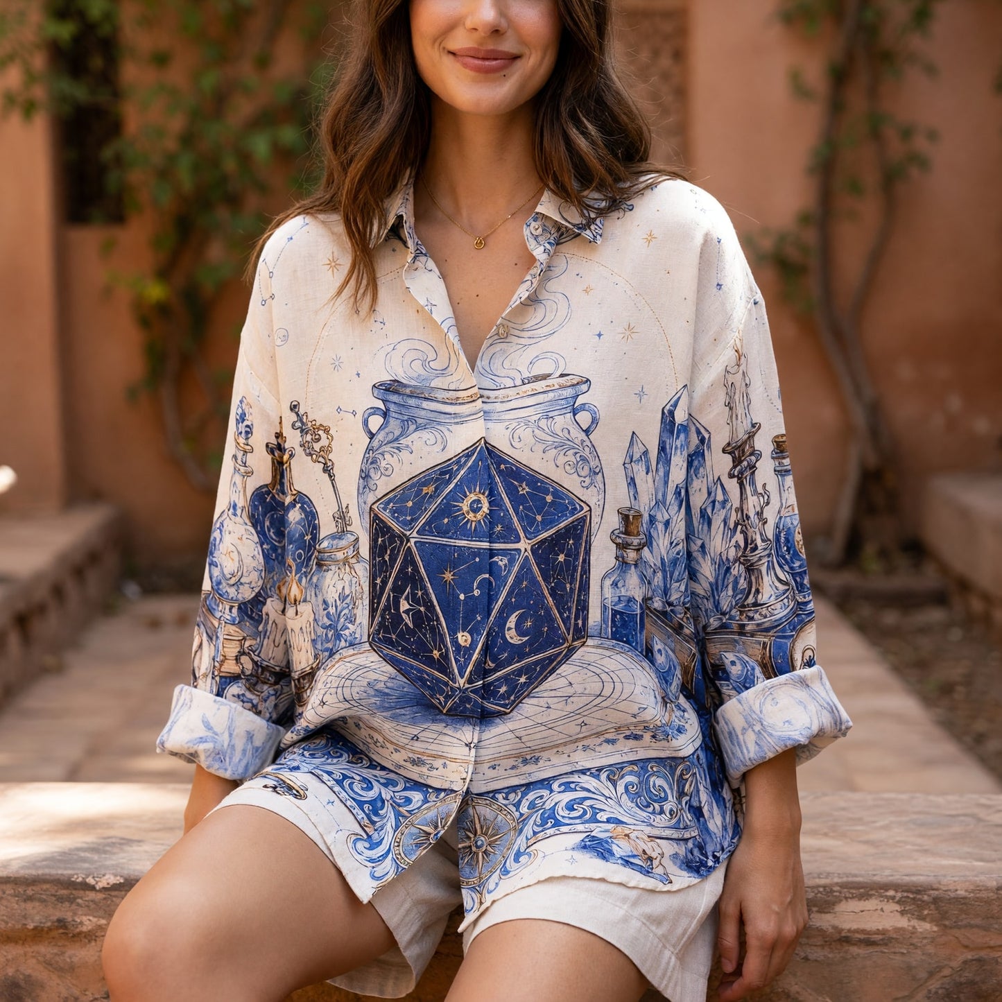 Celestial D20 Magic Linen Shirt - Mystic Astrology Witchcraft Apparel