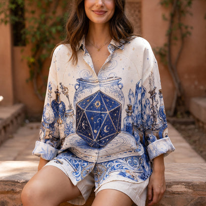 Celestial D20 Magic Linen Shirt - Mystic Astrology Witchcraft Apparel