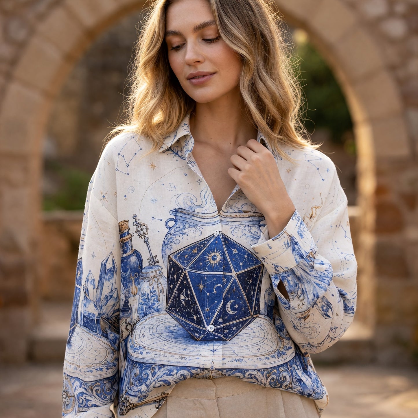Celestial D20 Magic Linen Shirt - Mystic Astrology Witchcraft Apparel