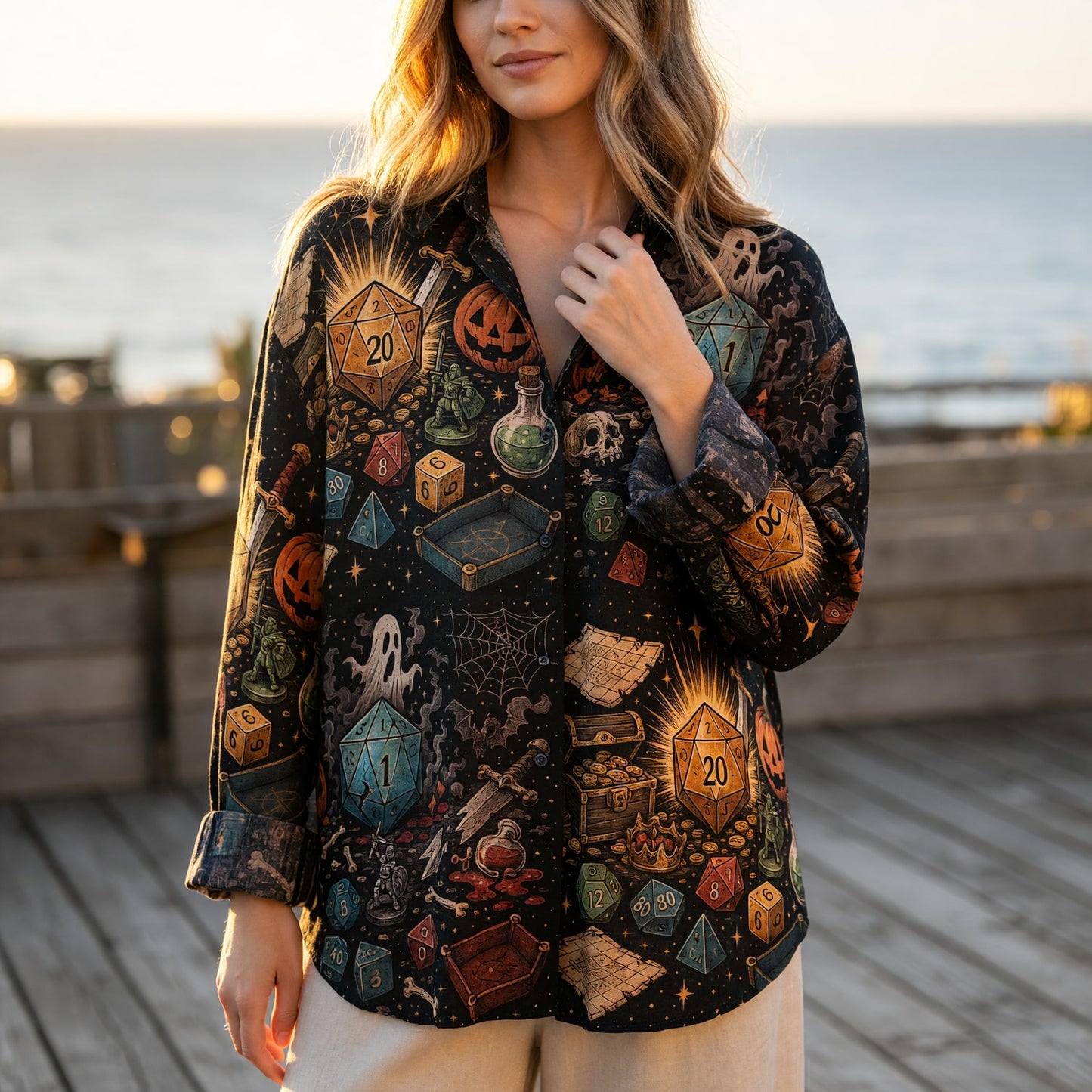Halloween Linen Shirt - Spooky RPG Dice Fantasy Apparel