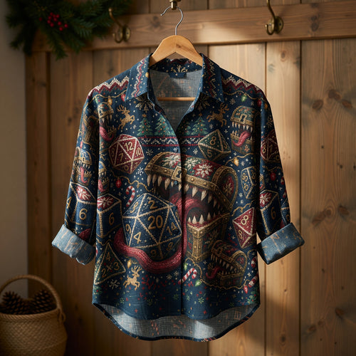Christmas Mimic Linen Shirt - Festive RPG Dice Apparel