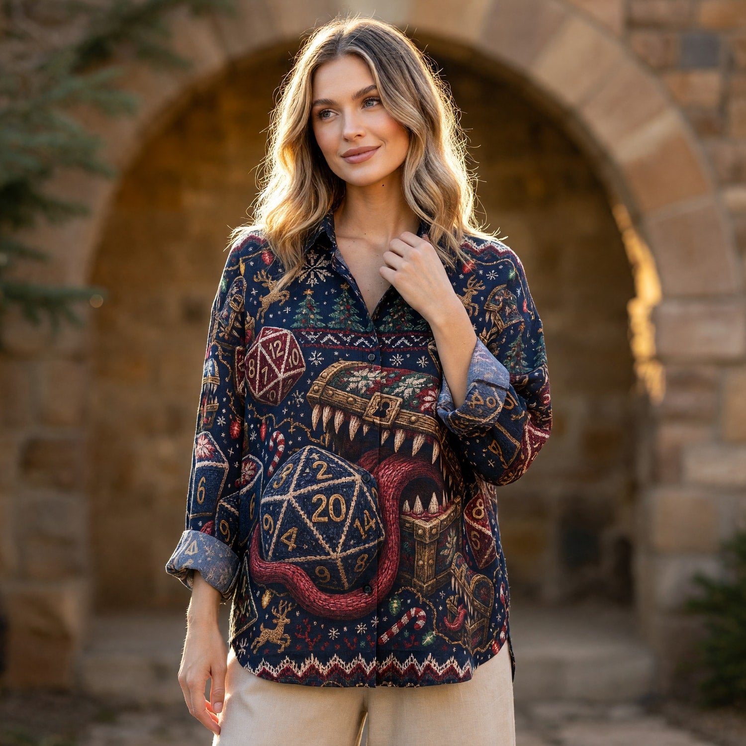 Christmas Mimic Linen Shirt - Festive RPG Dice Apparel