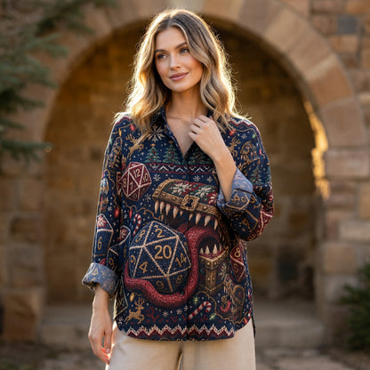 Christmas Mimic Linen Shirt - Festive RPG Dice Apparel