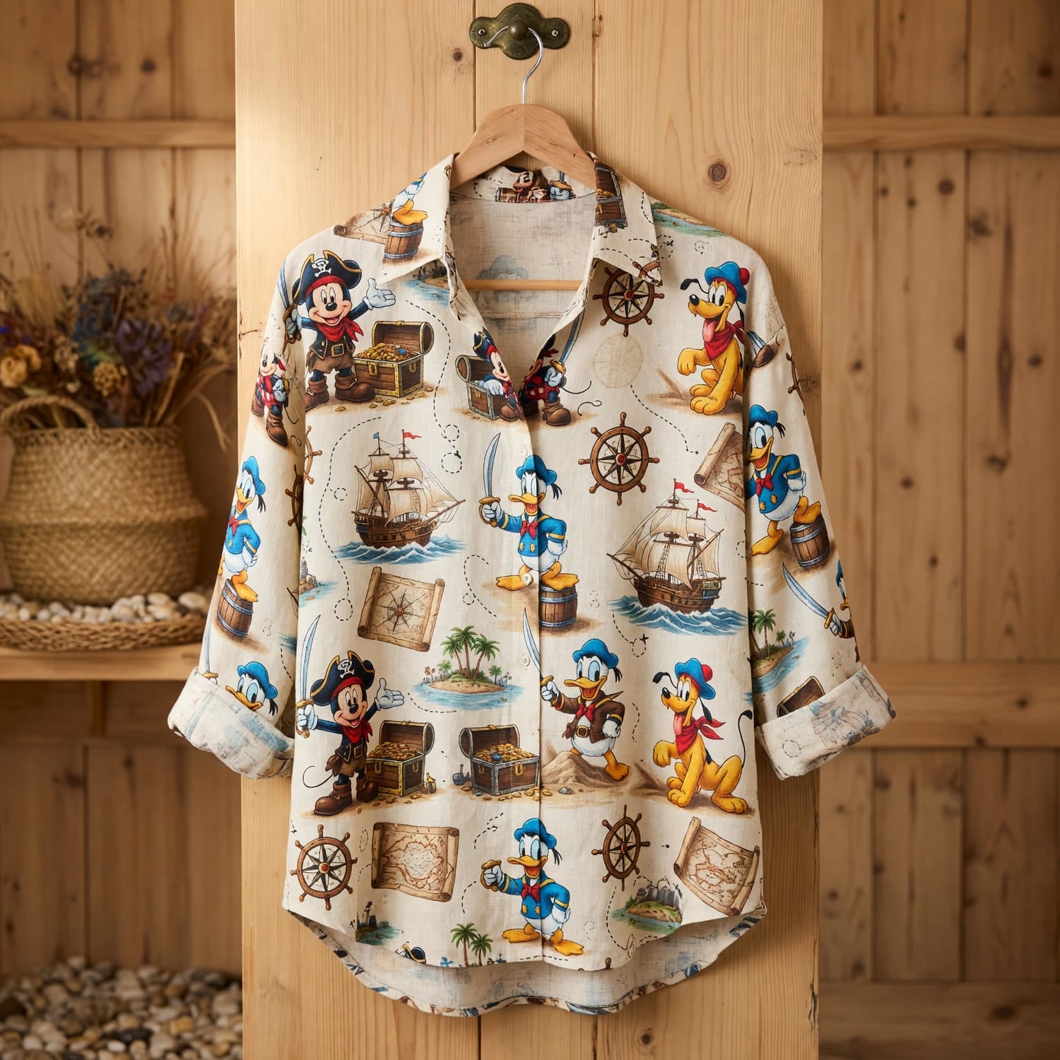 Pirates Linen Shirt - Mouse Duck Silly Dog Pattern