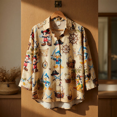 Pirate Mouse Linen Shirt - Cartoon Adventure Beachwear