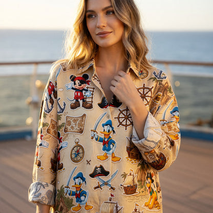 Pirate Mouse Linen Shirt - Cartoon Adventure Beachwear