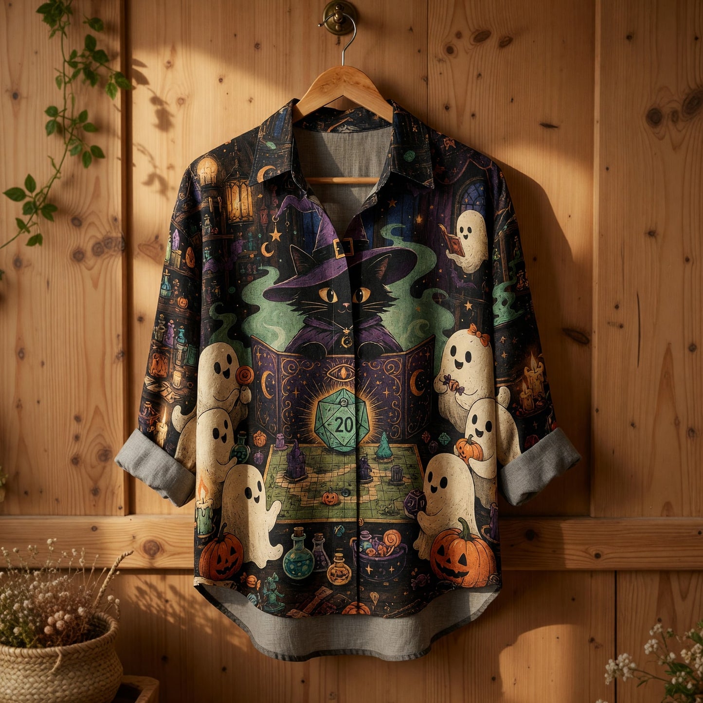 Halloween Witch Cat Linen Shirt - Spooky RPG Ghost Gamer