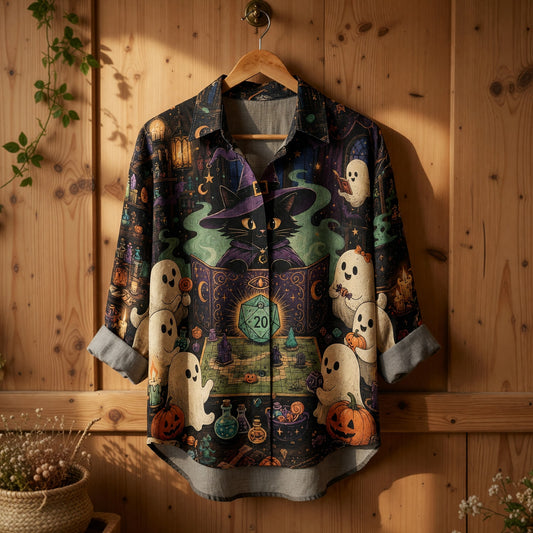 Halloween Witch Cat Linen Shirt - Spooky RPG Ghost Gamer