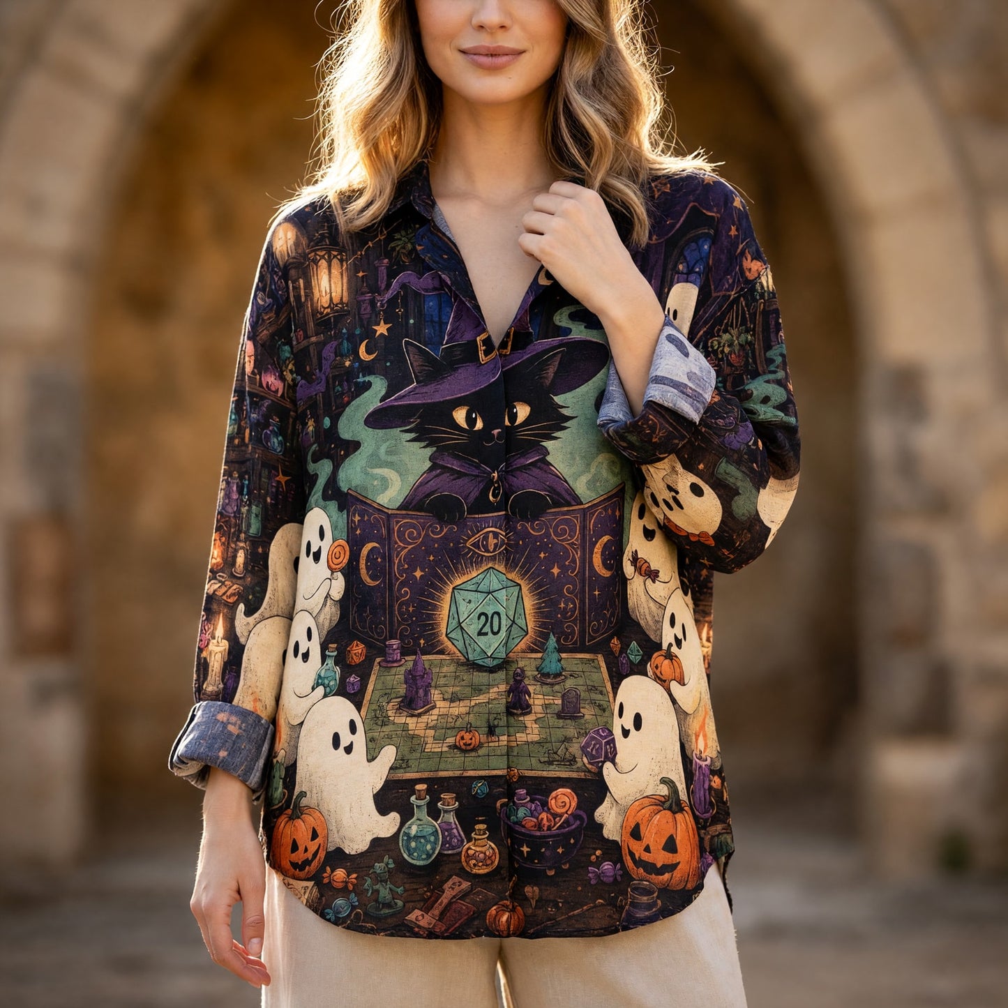 Halloween Witch Cat Linen Shirt - Spooky RPG Ghost Gamer