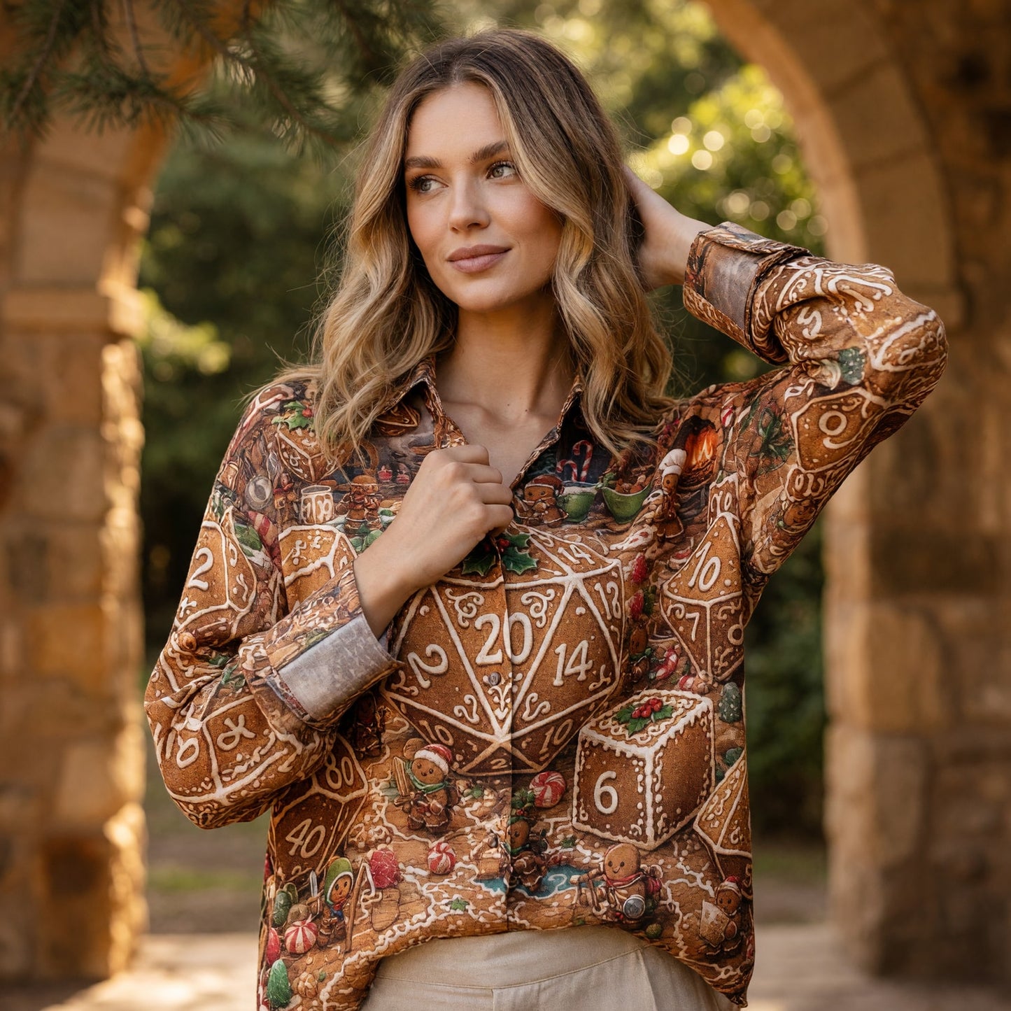 Gingerbread Dice Linen Shirt - Christmas Holiday RPG Apparel