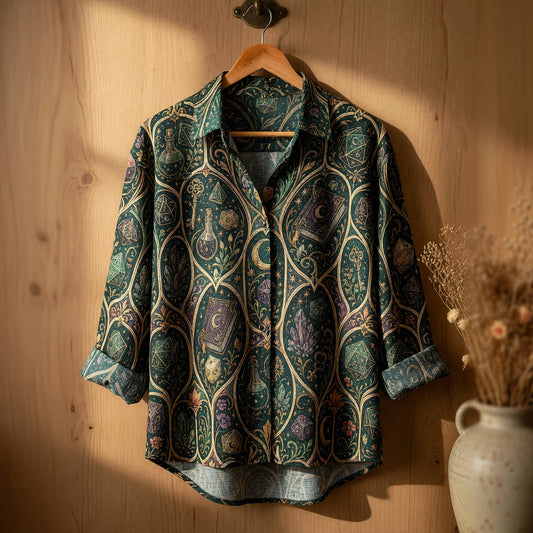 Arcane Potion Dice Linen Shirt - Fantasy Witchcraft Pattern