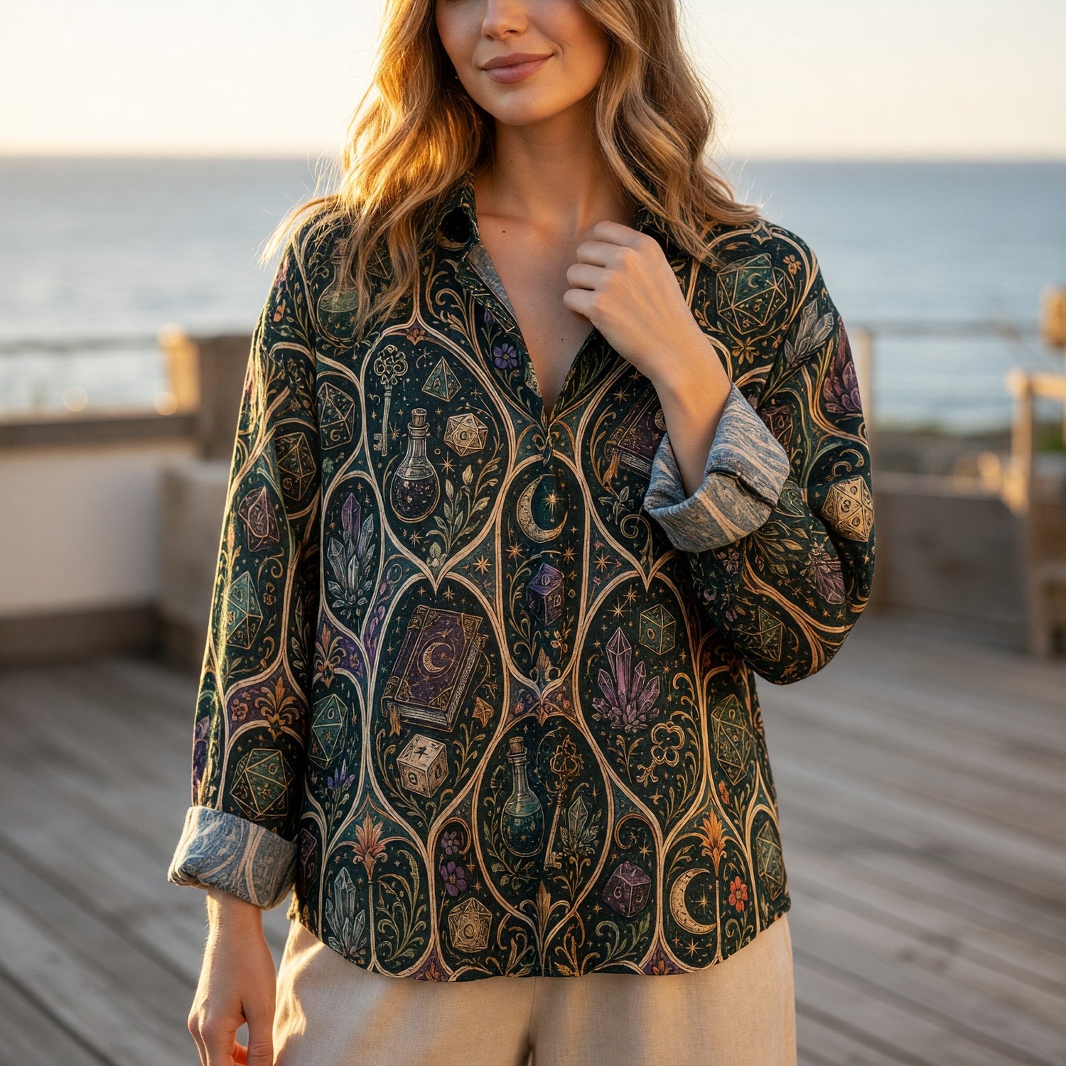 Arcane Potion Dice Linen Shirt - Fantasy Witchcraft Pattern