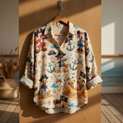 Pirate Mouse Linen Shirt - Cartoon Beach Pattern Apparel