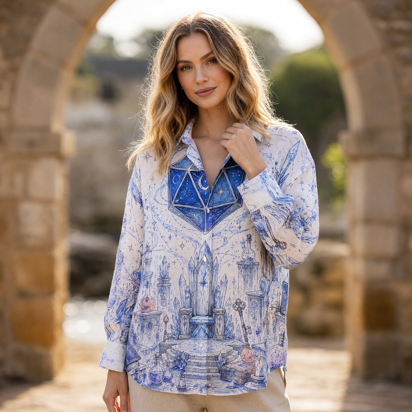 Celestial D20 Linen Shirt - Fantasy Wizard Magic