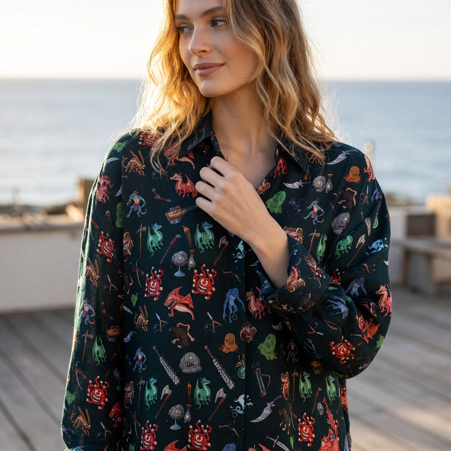 Fantasy Dungeon Monsters Linen Shirt - Fantasy RPG Pattern