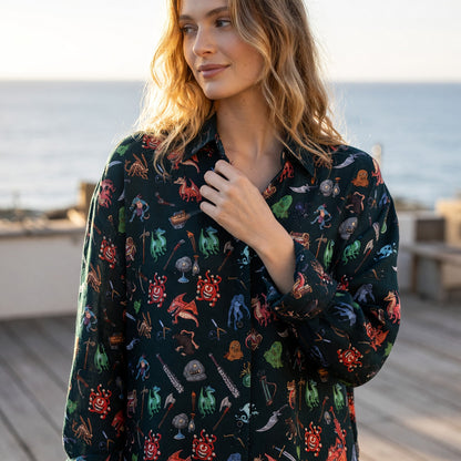 Fantasy Dungeon Monsters Linen Shirt - Fantasy RPG Pattern