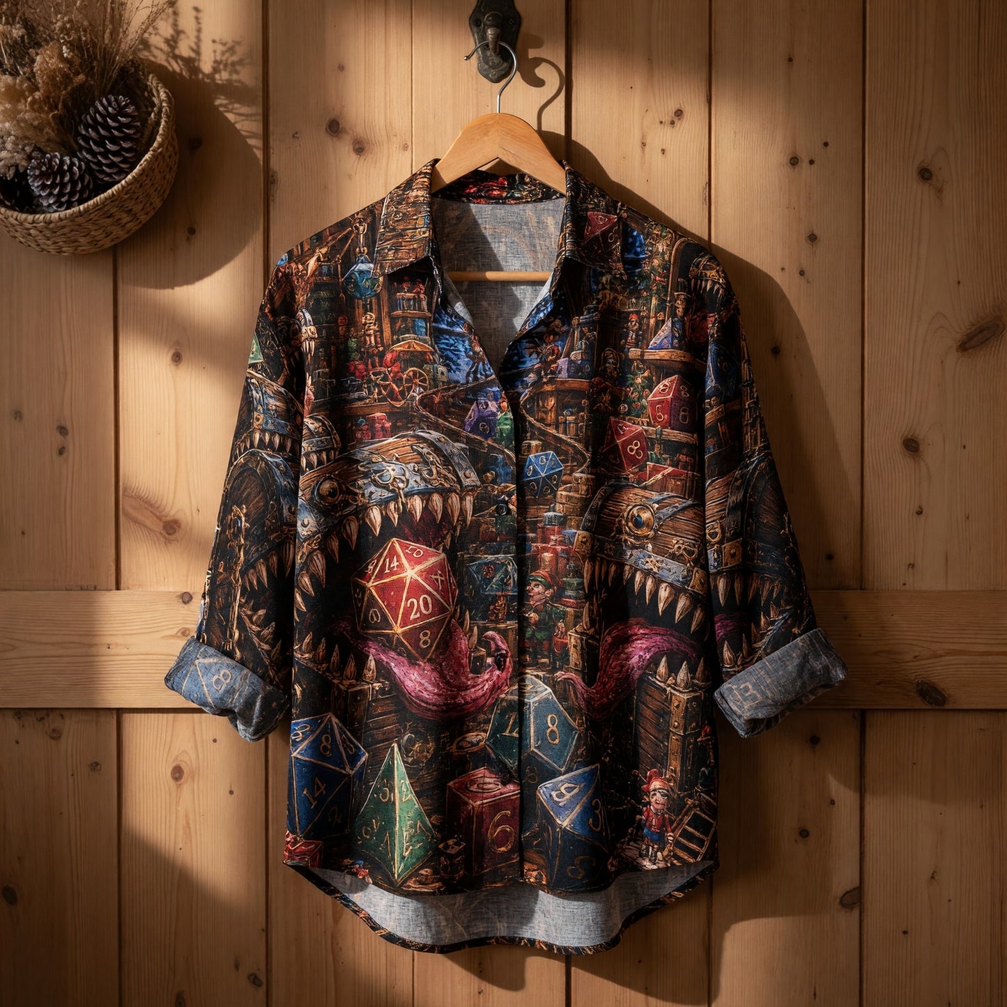 Mimic Christmas Linen Shirt - Fantasy Dice Holiday Apparel