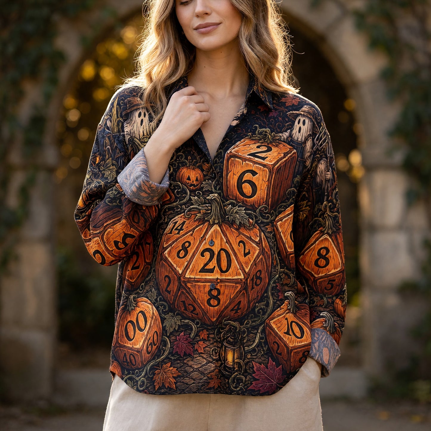 Halloween Dice Linen Shirt - Pumpkin RPG Fantasy Apparel