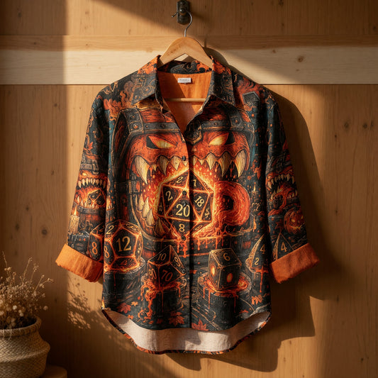 Fantasy Dungeon Halloween Linen Shirt - Spooky D20 Dice Mimic