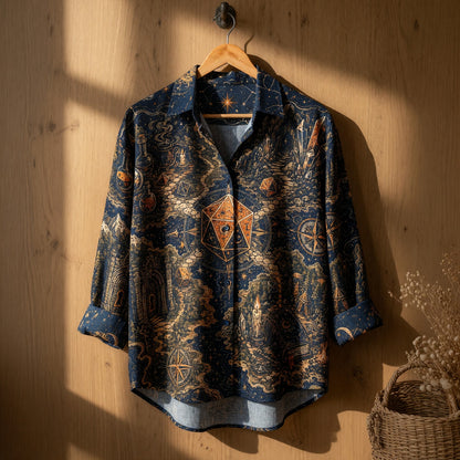 D20 Dice Linen Shirt - Fantasy Wizard Mystic Map