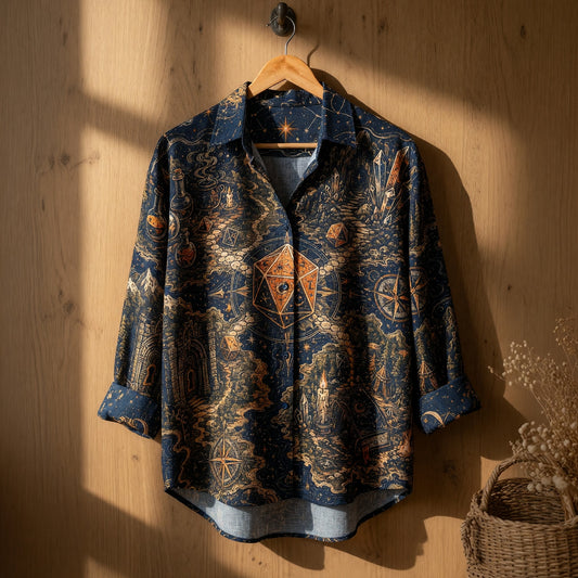 D20 Dice Linen Shirt - Fantasy Wizard Mystic Map