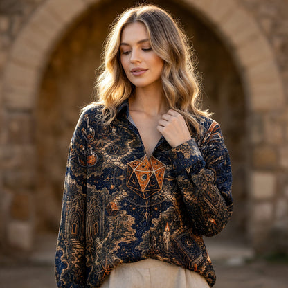 D20 Dice Linen Shirt - Fantasy Wizard Mystic Map