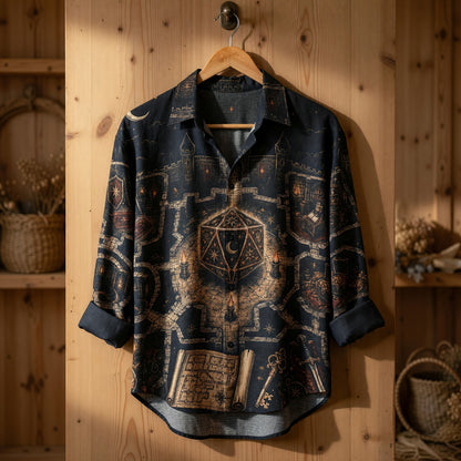 Fantasy Dungeon D20 Linen Shirt - Fantasy RPG Castle Night Scene