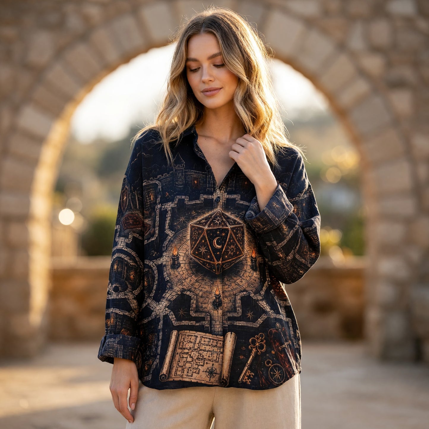 Fantasy Dungeon D20 Linen Shirt - Fantasy RPG Castle Night Scene