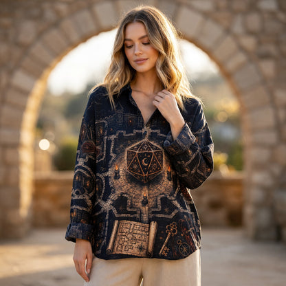 Fantasy Dungeon D20 Linen Shirt - Fantasy RPG Castle Night Scene