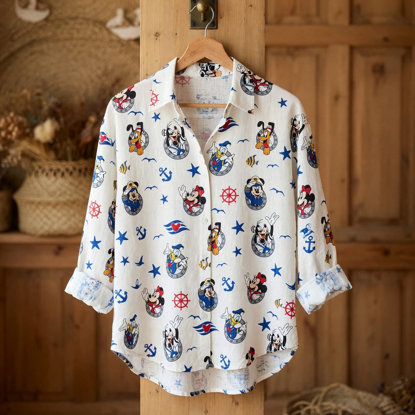 Mouse Sailor Linen Shirt - Nautical Cartoon Pattern