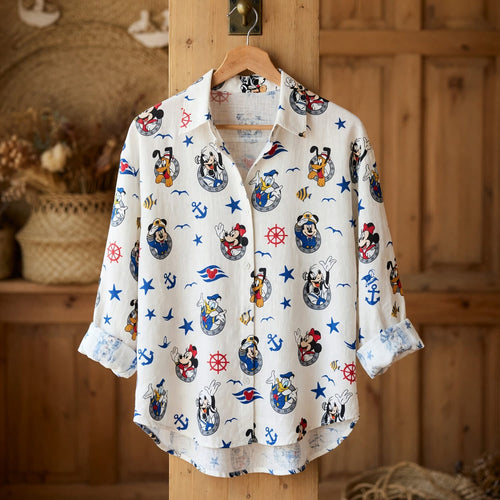 Mouse Sailor Linen Shirt - Nautical Cartoon Pattern