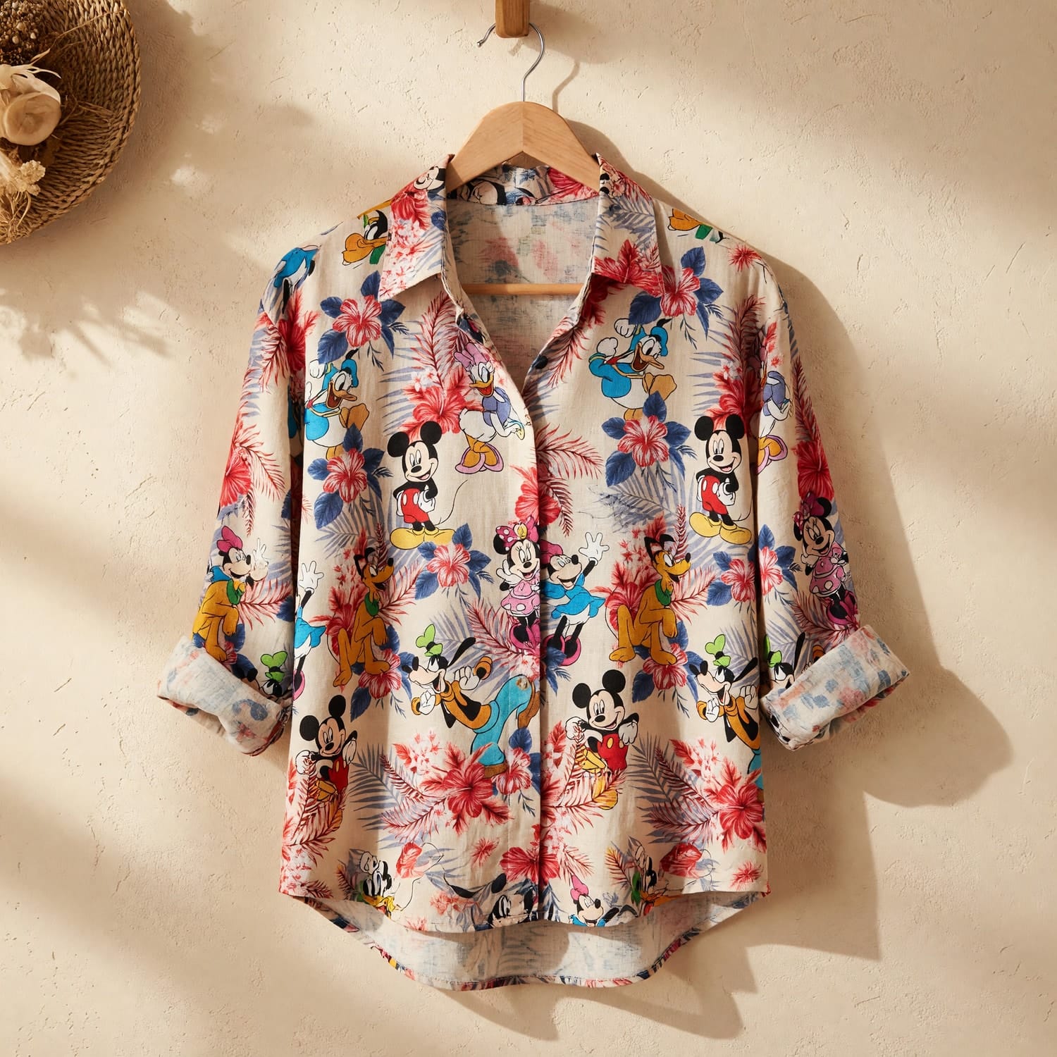 Mouse Hawaiian Linen Shirt - Tropical Floral Pattern