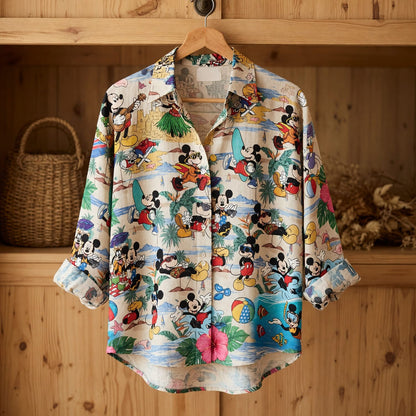 Mouse Beach Linen Shirt - Tropical Vacation Pattern